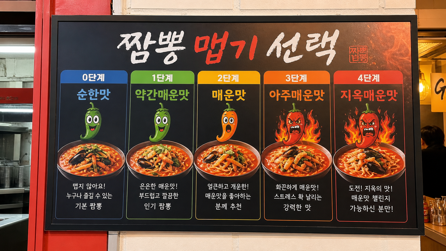다양한 매운맛 단계가 안내된 한국식 면 요리집 내부 표시판