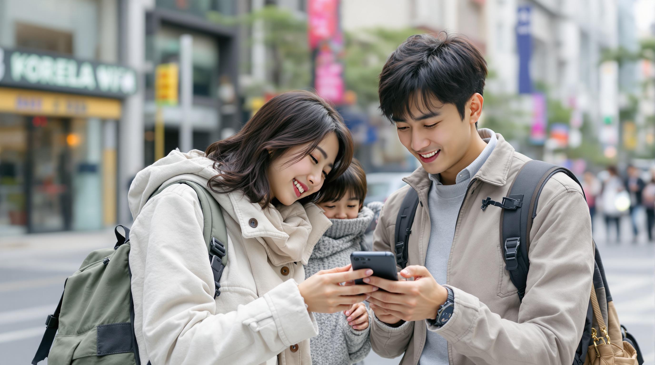 포켓 와이파이를 사용하며 해외 도시를 탐험하는 가족의 모습