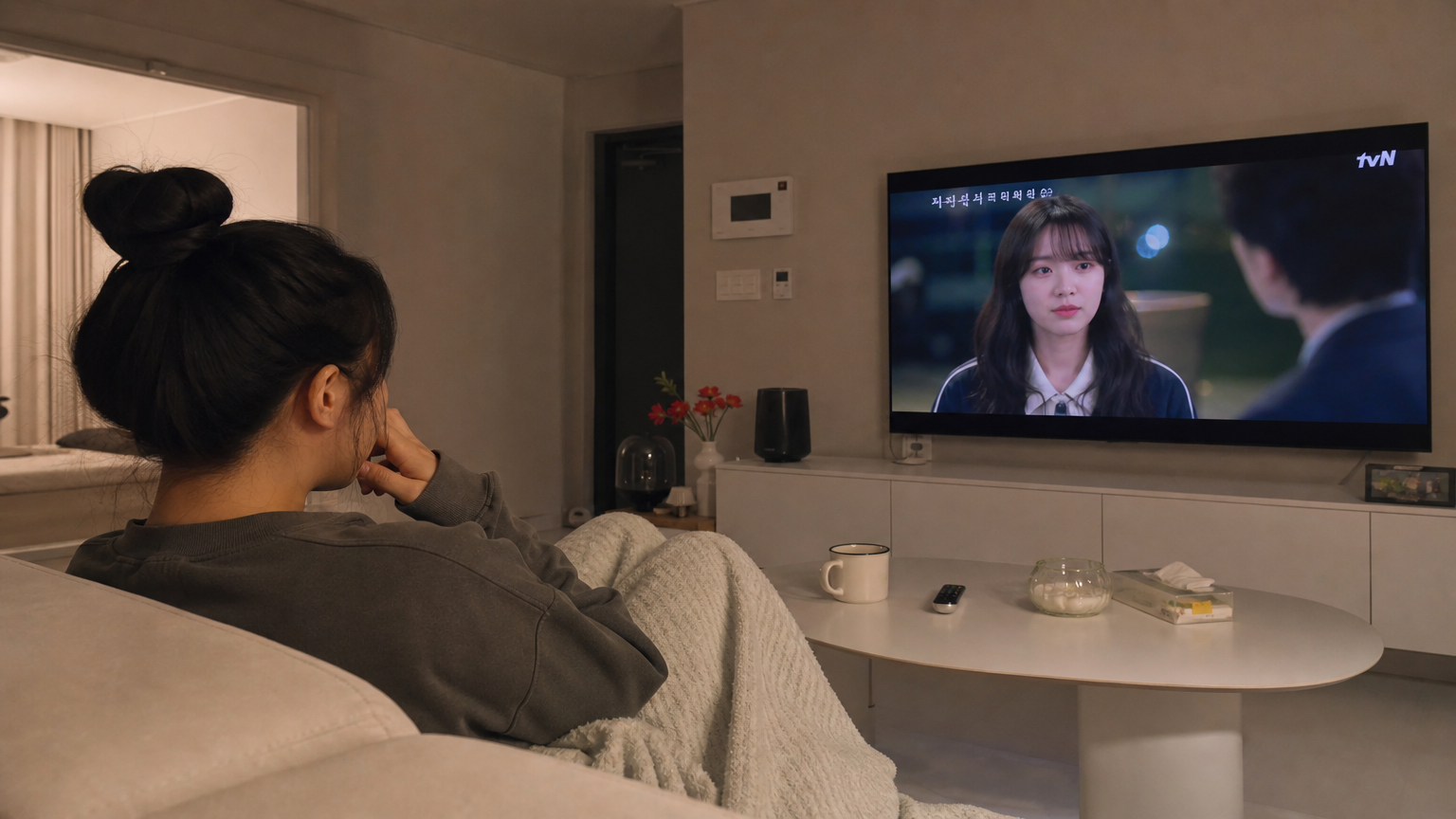 현대적인 한국 거실에서 소파에 앉아 드라마에 몰입하고 있는 젊은 여성의 모습