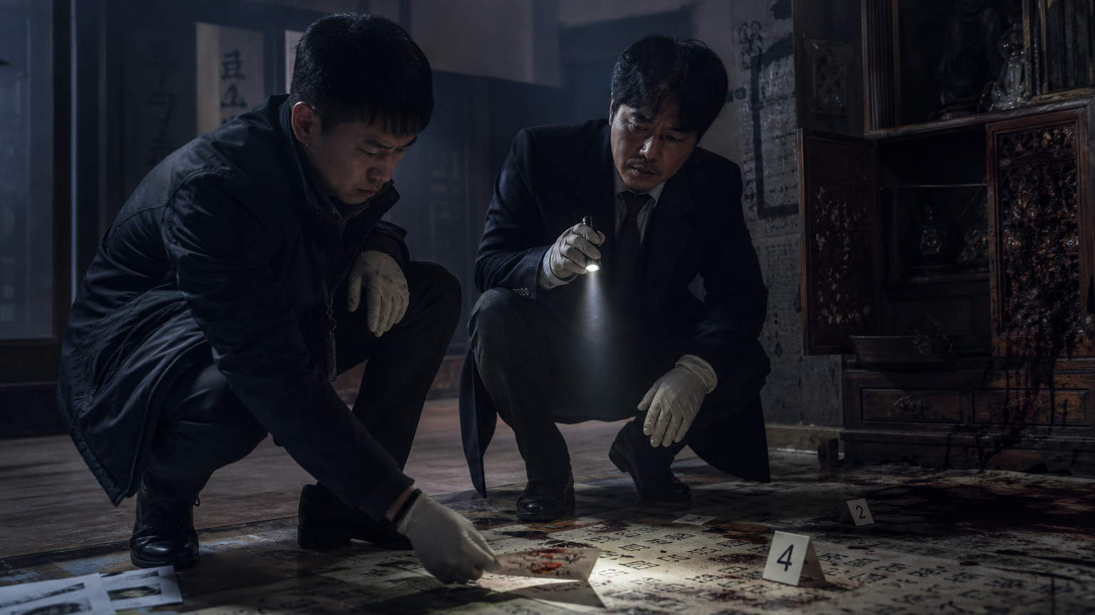 초자연적 사건 단서를 집중적으로 조사하는 한국인 형사들이 있는 긴장감 넘치는 현장
