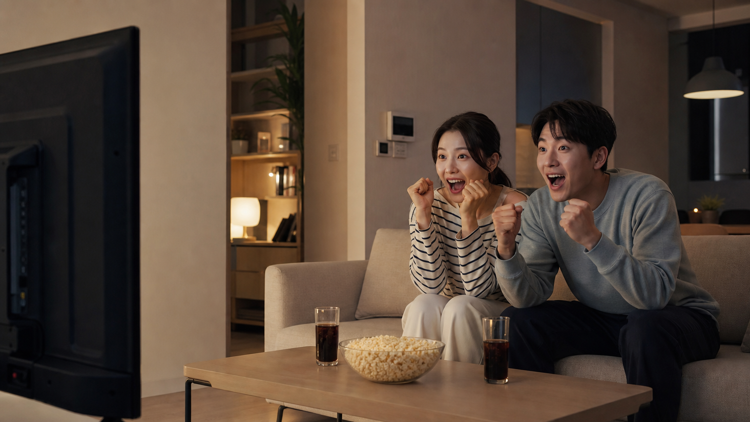 현대적인 거실에서 드라마를 시청하며 기대에 찬 한국인 커플의 모습