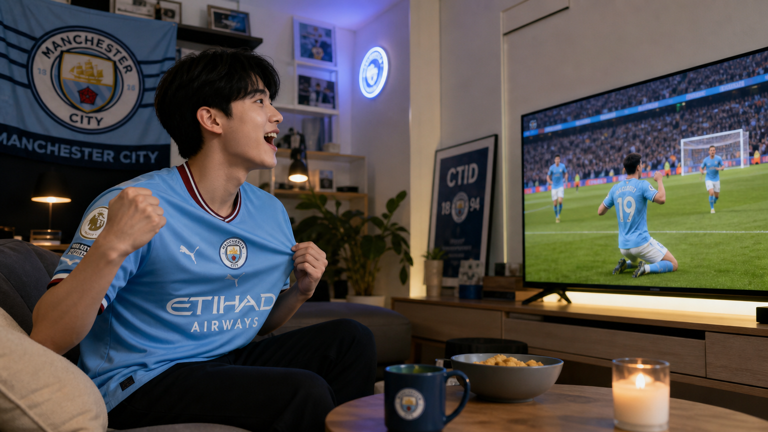 현대적인 거실에서 맨체스터 시티 유니폼을 입고 경기를 시청하는 젊은 축구 팬
