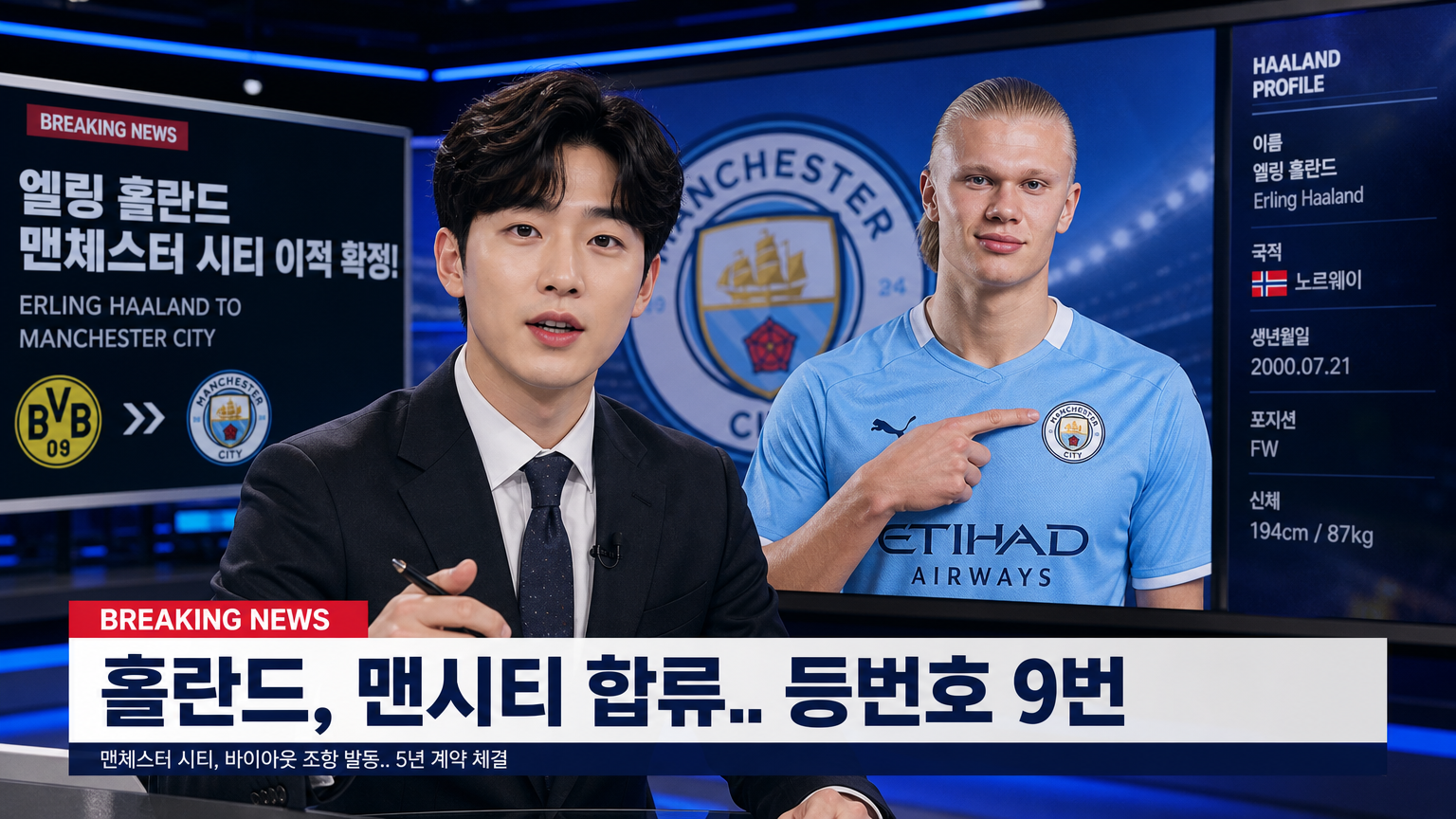 뉴스룸에서 홀란드의 이적 소식을 보도하는 스포츠 기자