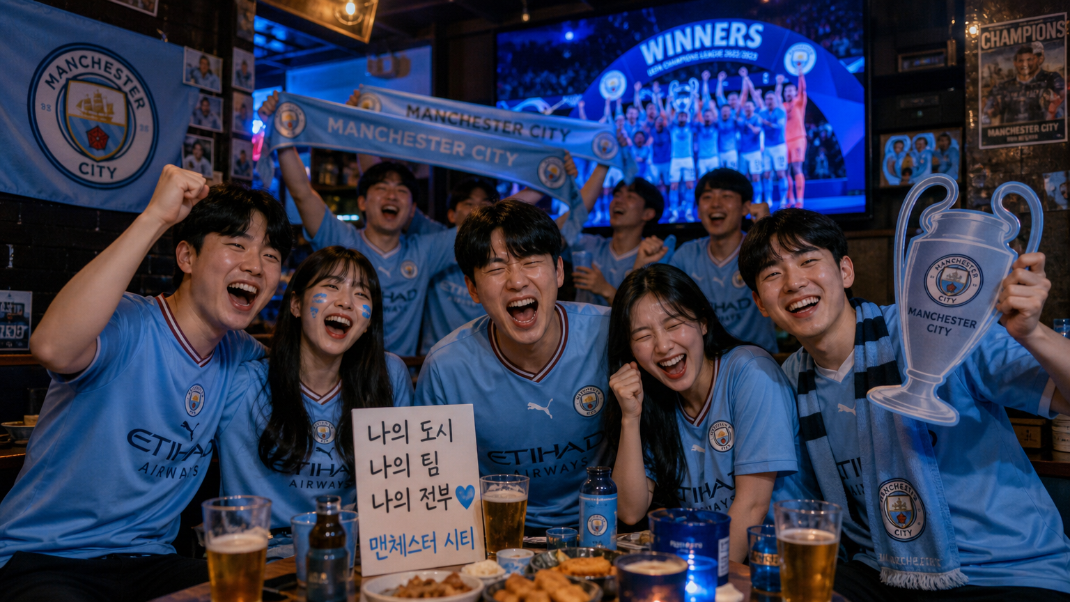 지역 바에서 챔피언스리그 우승을 축하하며 환호하는 팬들