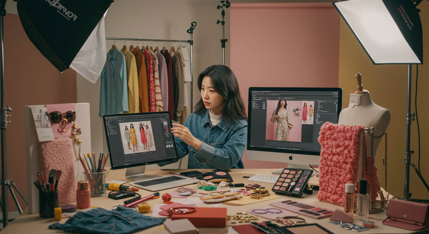 AI 기능이 강화된 포토샵으로 온라인 스토어용 제품 이미지를 편집하는 장면