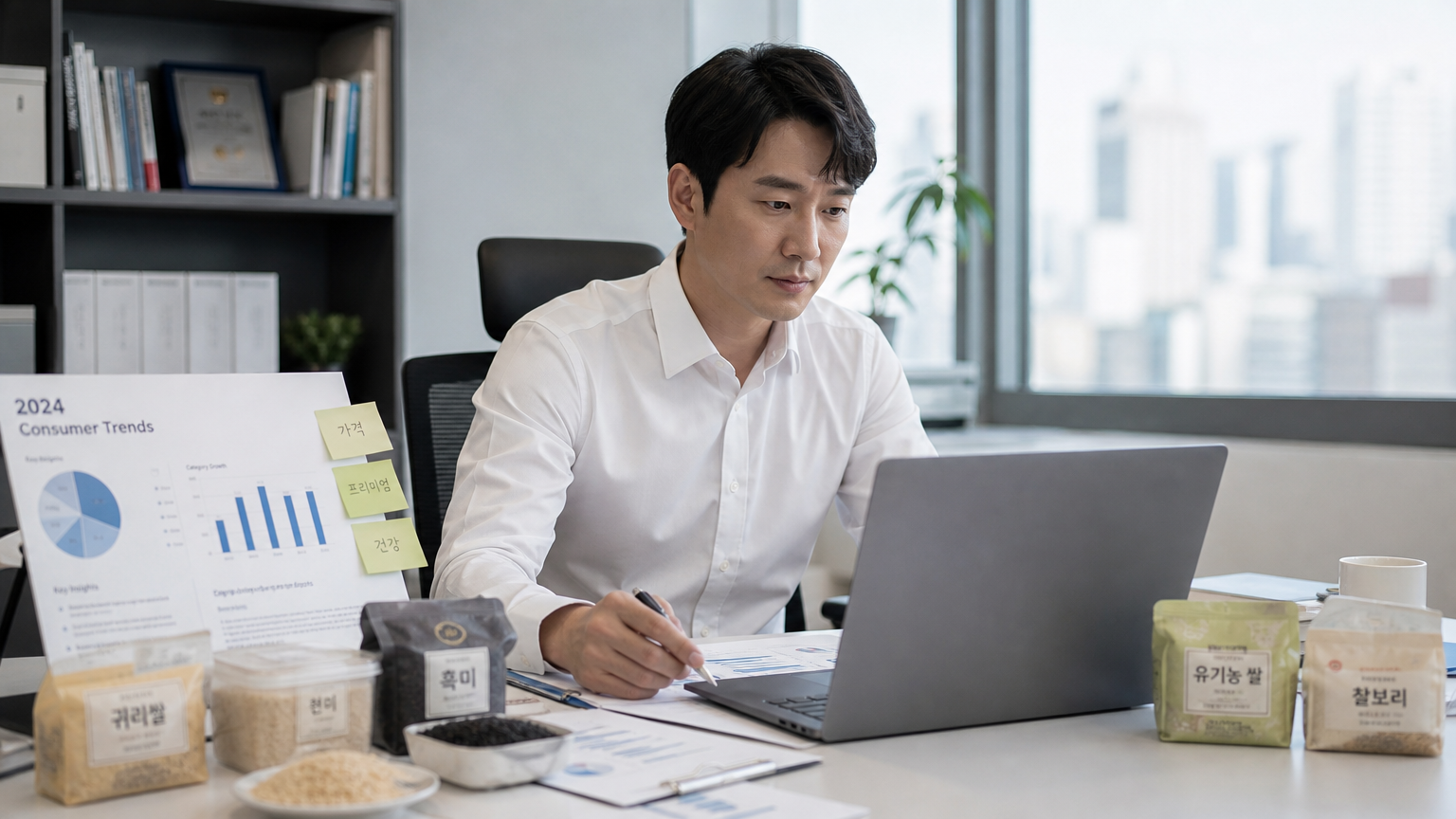 사무실 책상에서 노트북으로 소비자 트렌드를 분석하는 직장인의 모습