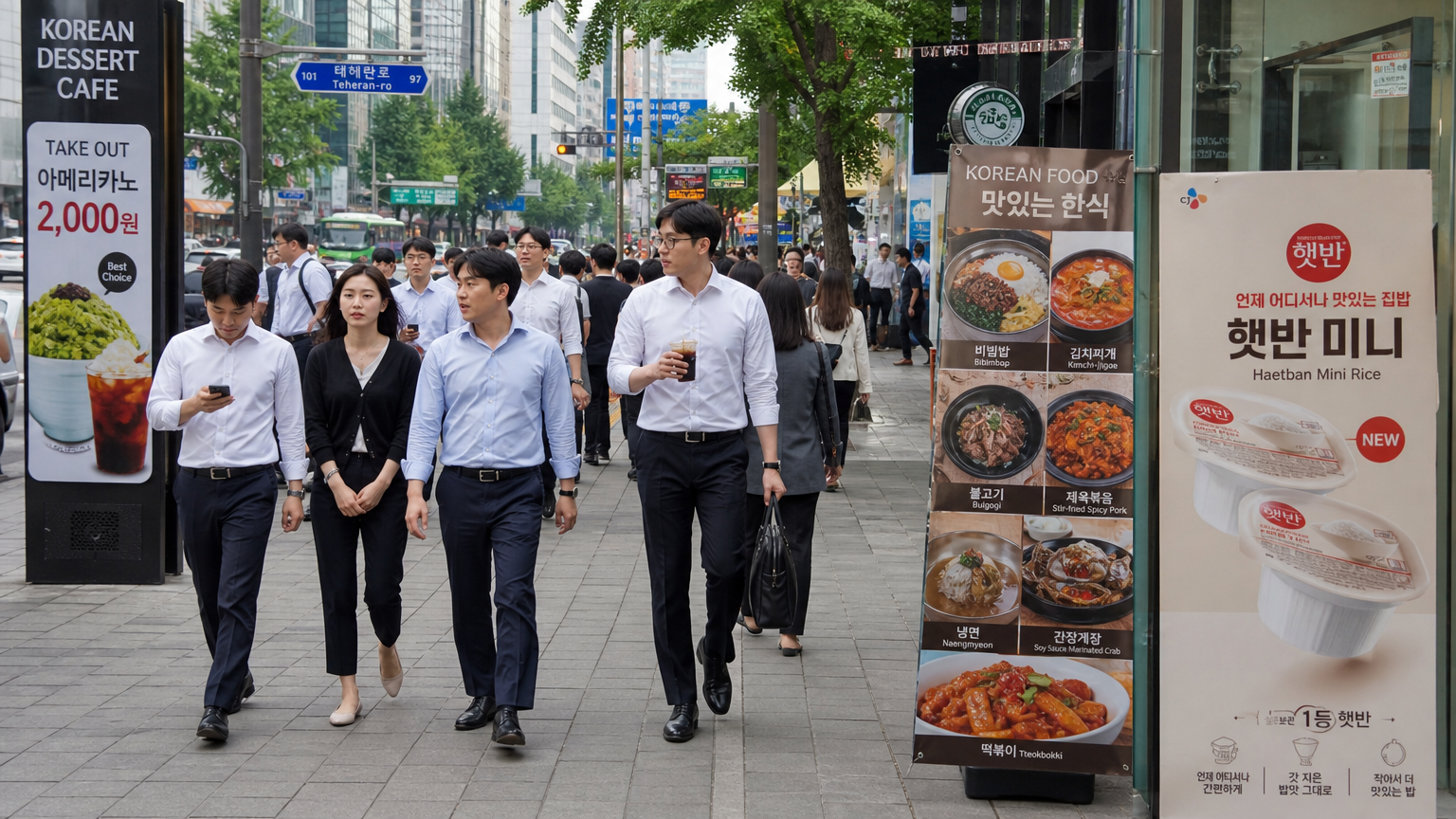 서울 도심 거리에서 점심시간에 다양한 음식 옵션을 살펴보는 젊은 직장인들