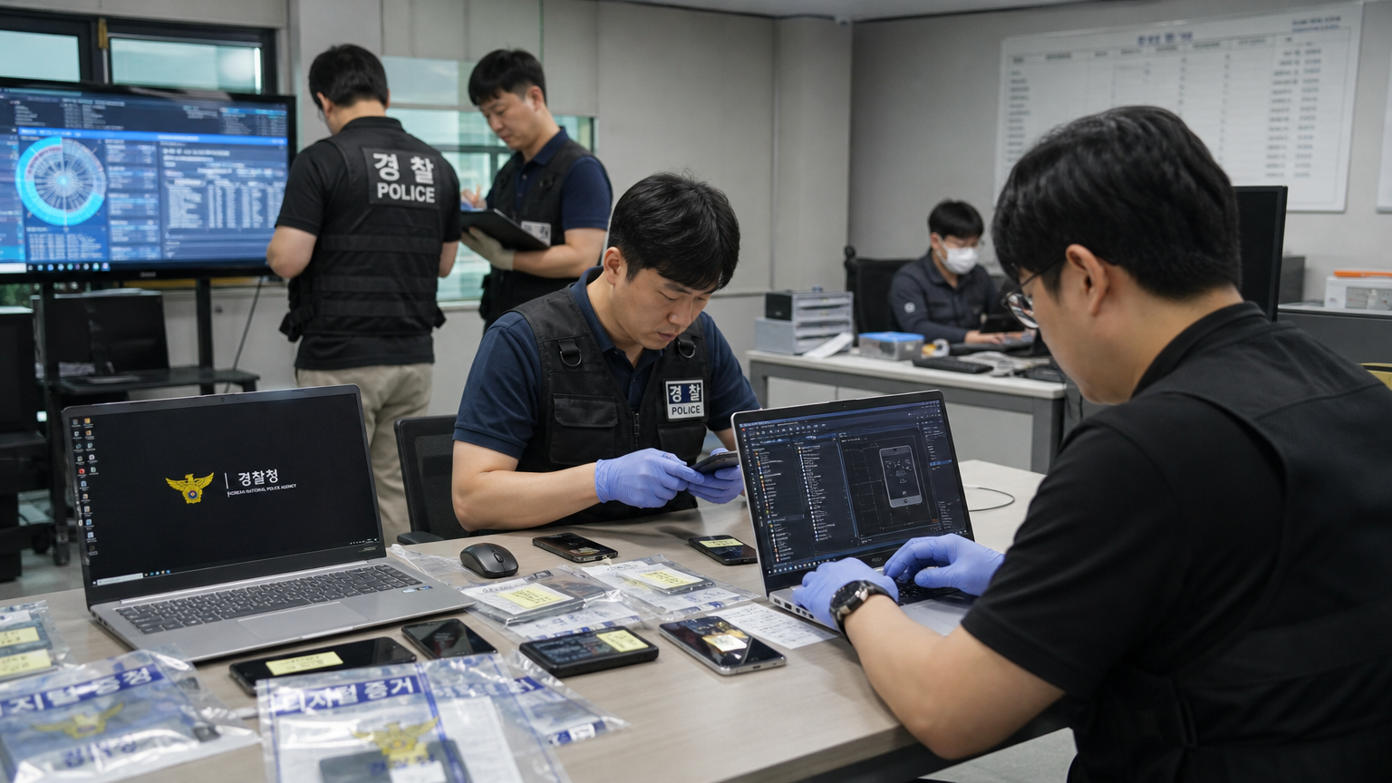 사무실에서 디지털 증거를 조사하는 경찰 수사관들