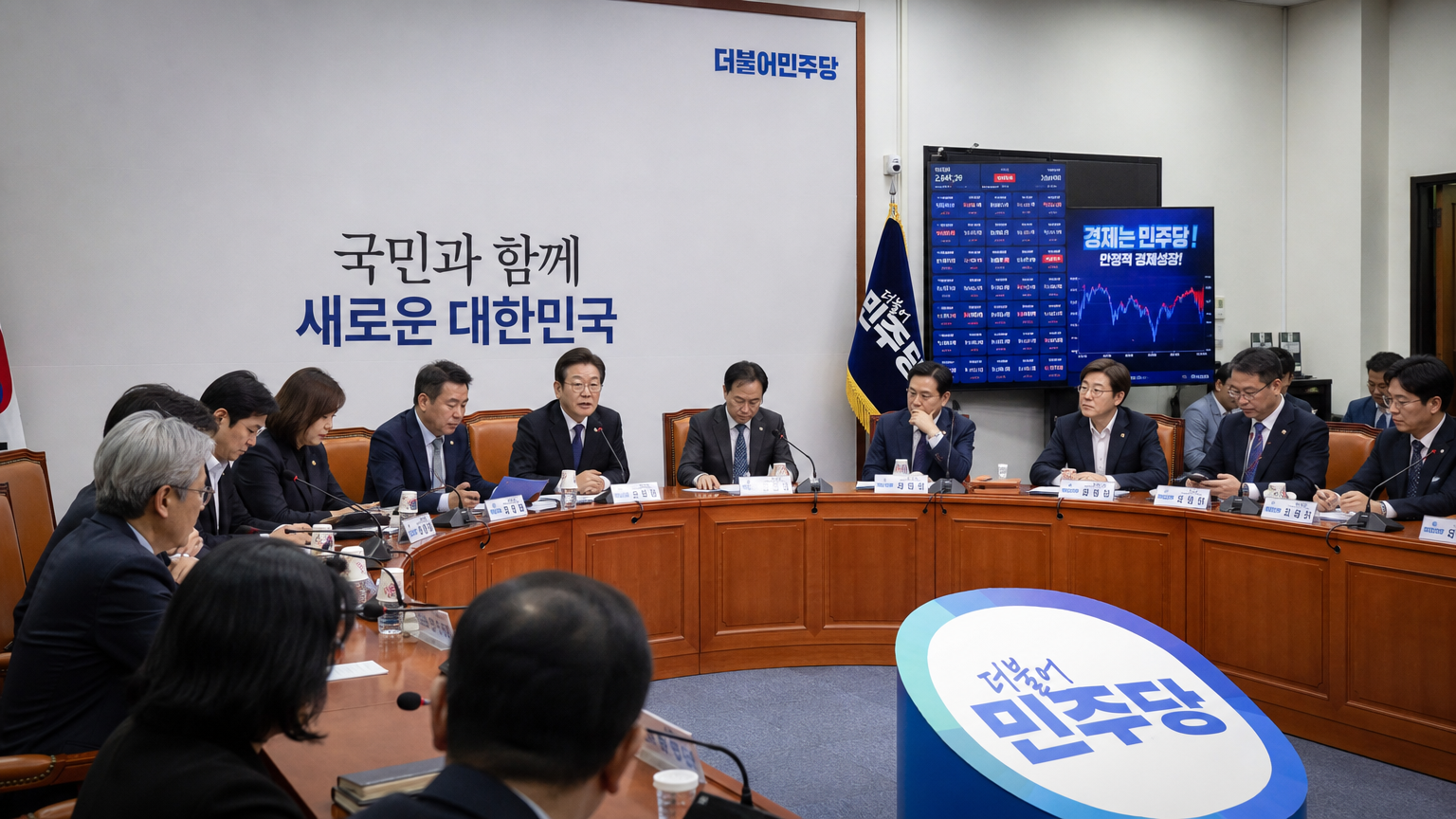 현대적 회의실에서 긴급 회의를 하는 정치인들