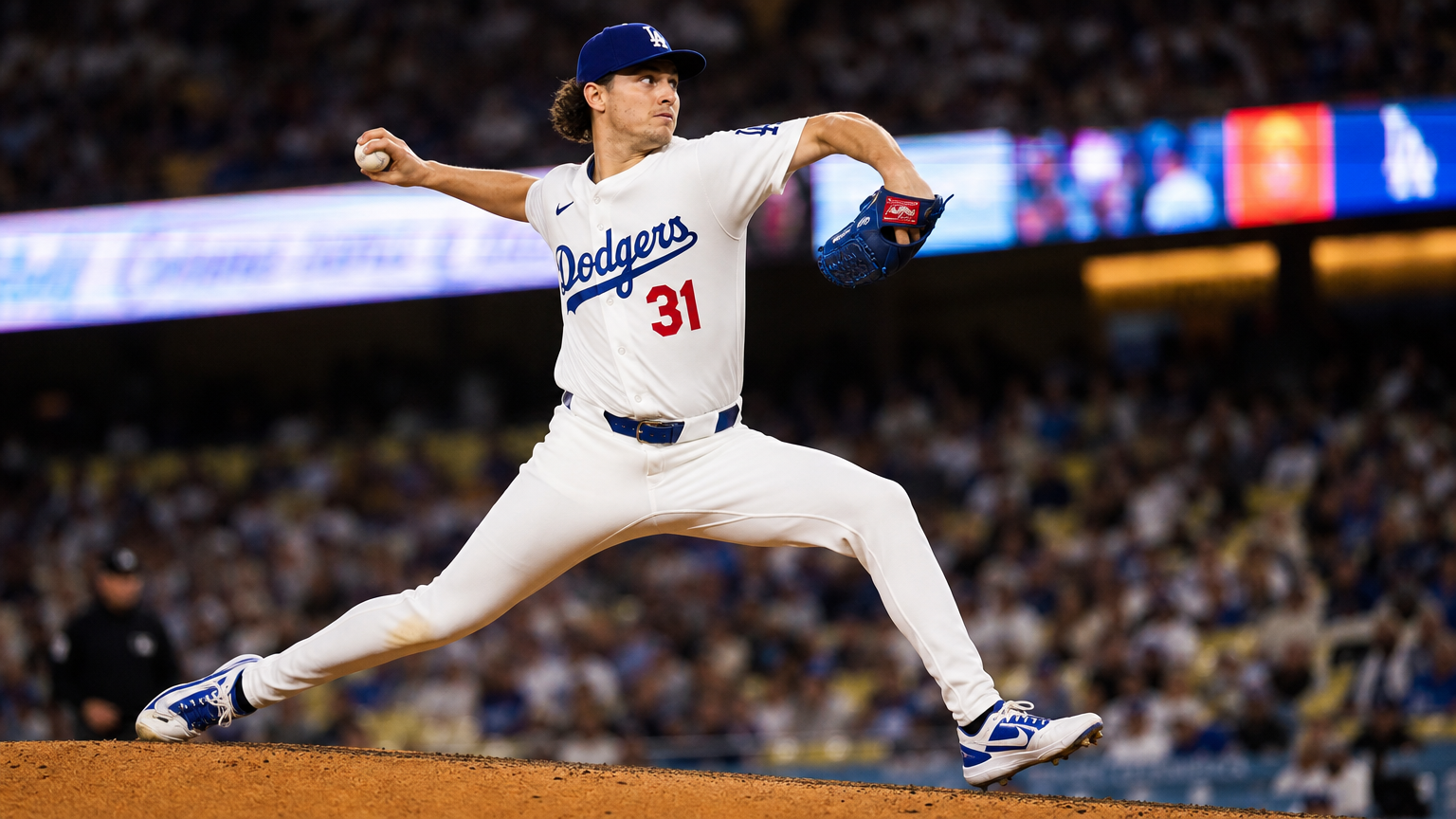 MLB 경기에서 투구 중인 젊은 미국 투수의 역동적인 포즈