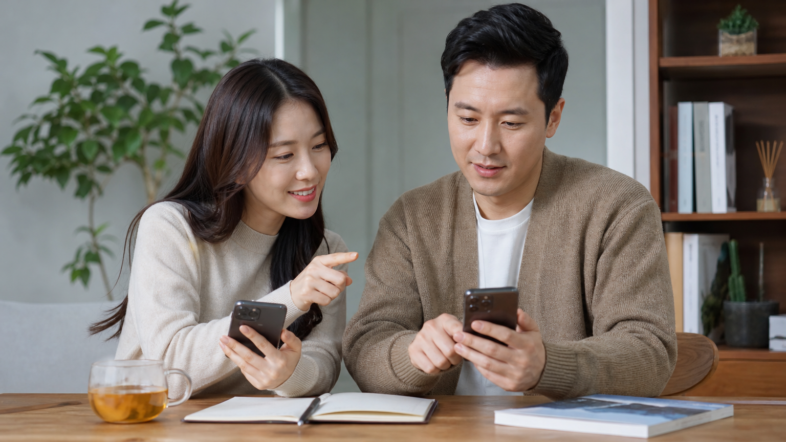 스마트폰으로 달력을 확인하며 가을 여행 계획을 세우는 모습