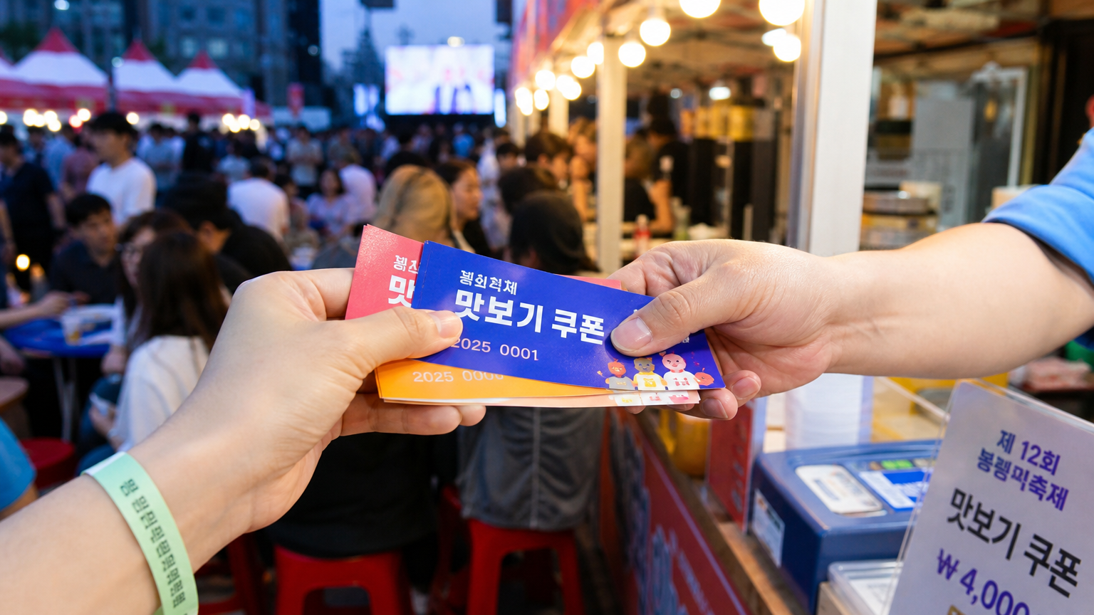 축제 부스에서 교환되는 컬러풀한 쿠폰과 티켓 클로즈업