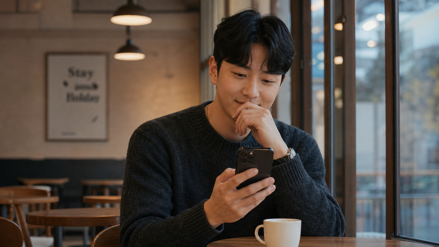 카페에서 스마트폰을 보며 미래를 궁금해하는 현대 한국 남성