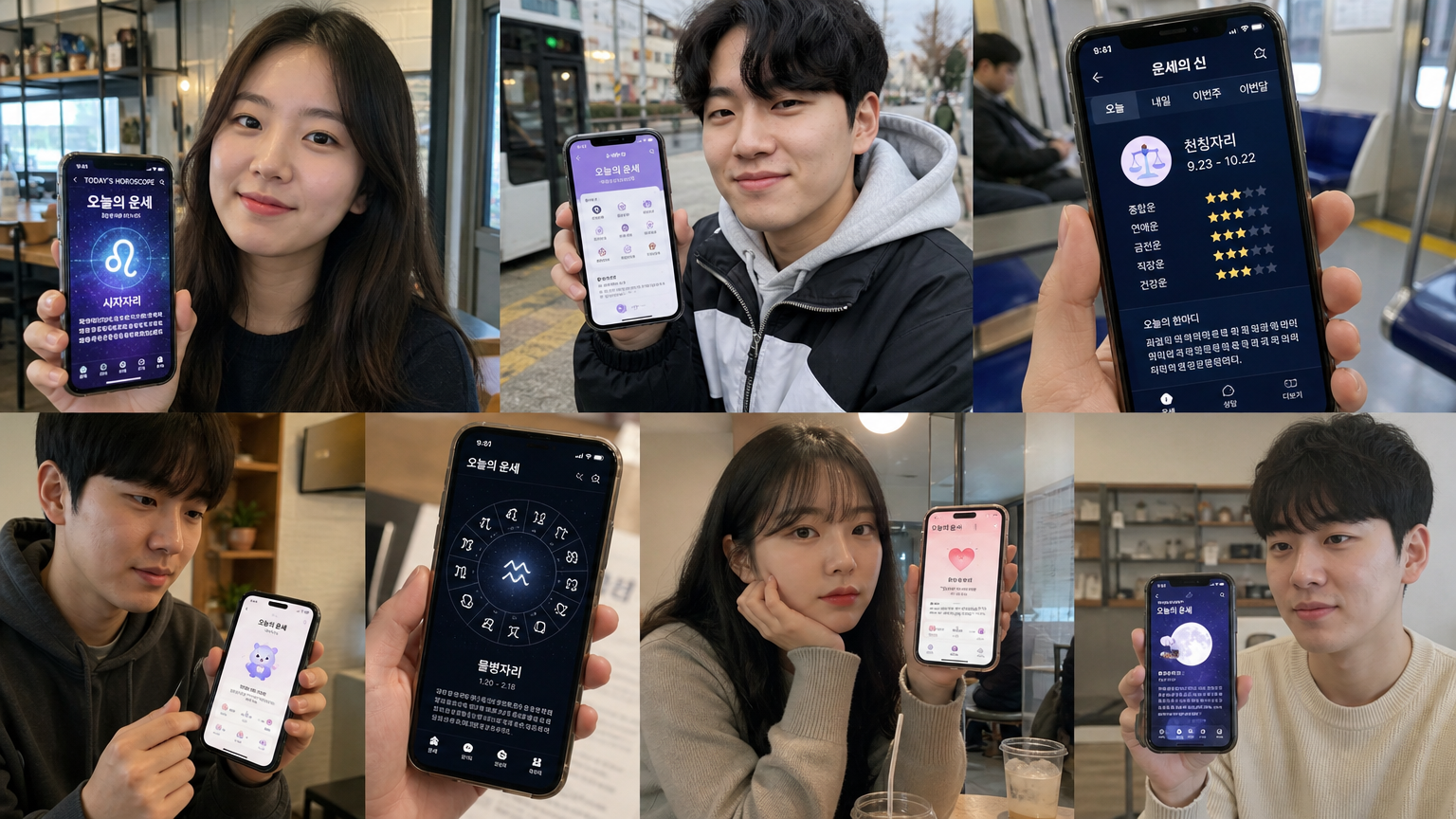 다양한 종류의 오늘의 운세 앱 화면을 보는 젊은 한국인들의 모습