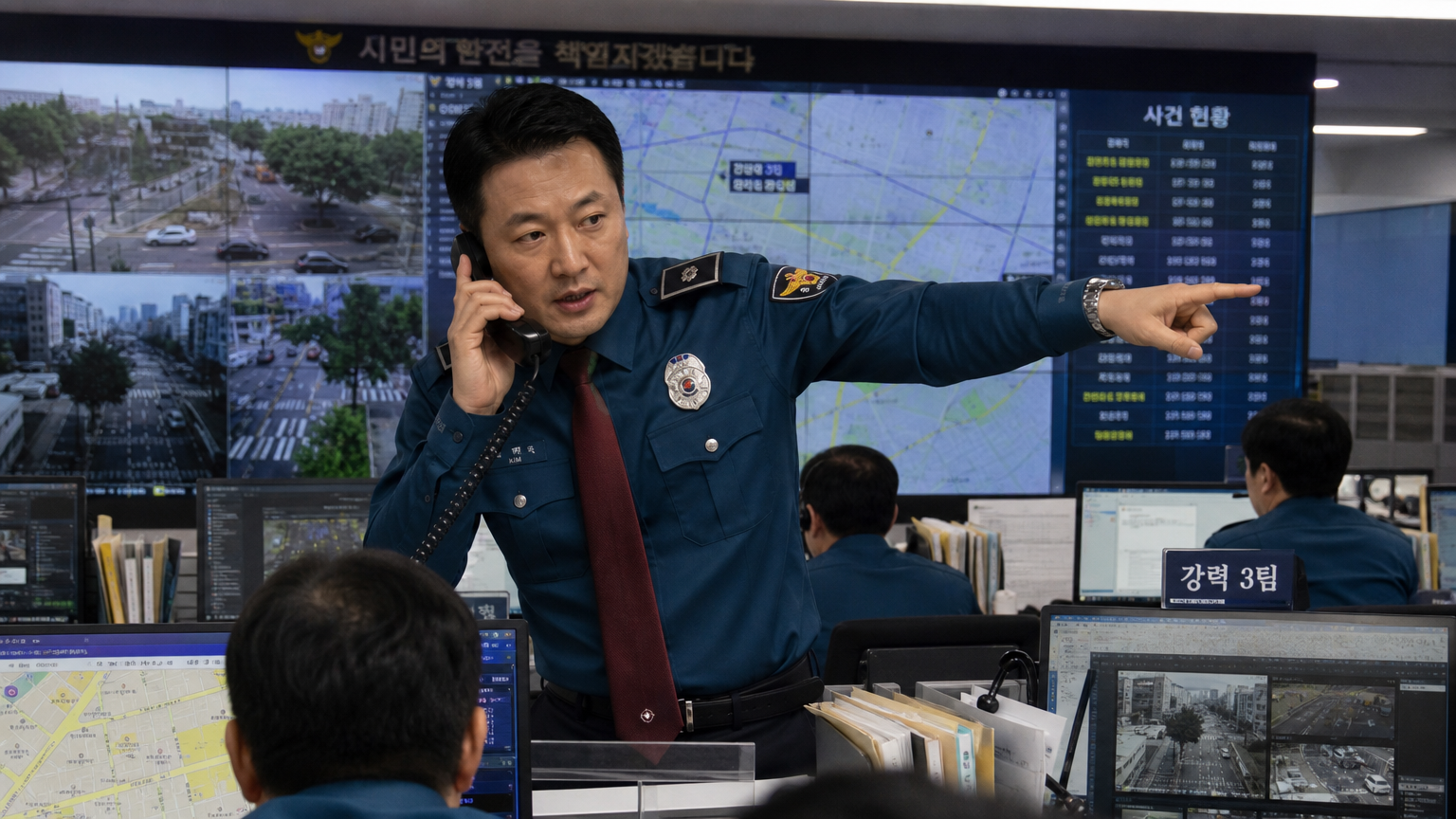 도심 관제실에서 긴급히 수색 작전을 조율하는 경찰관의 모습