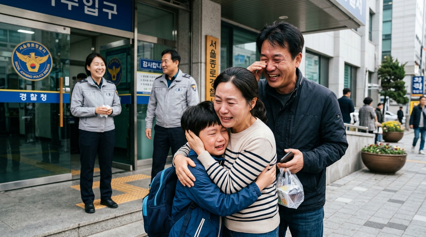경찰서 입구에서 잃어버린 자녀와 재회하는 가족의 감격적인 장면