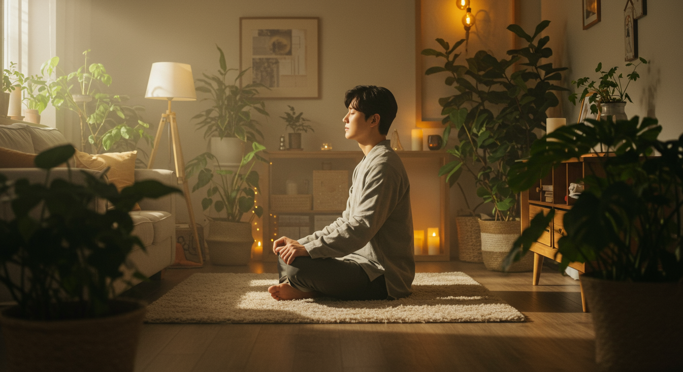 평화로운 거실에서 명상하는 남성의 모습