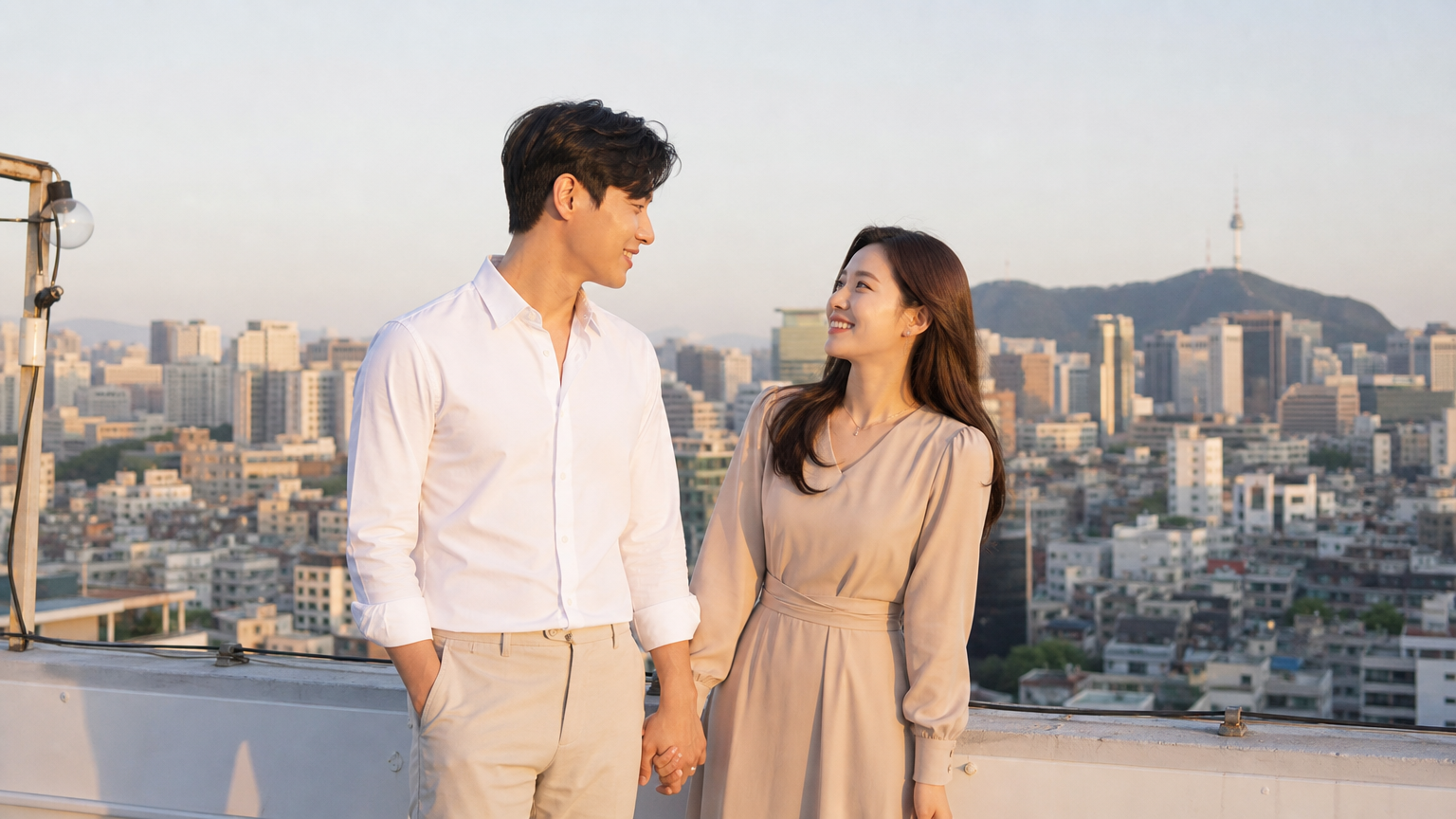 서울의 도시 풍경을 배경으로 옥상에서 손을 잡고 미소 짓는 현대적인 커플