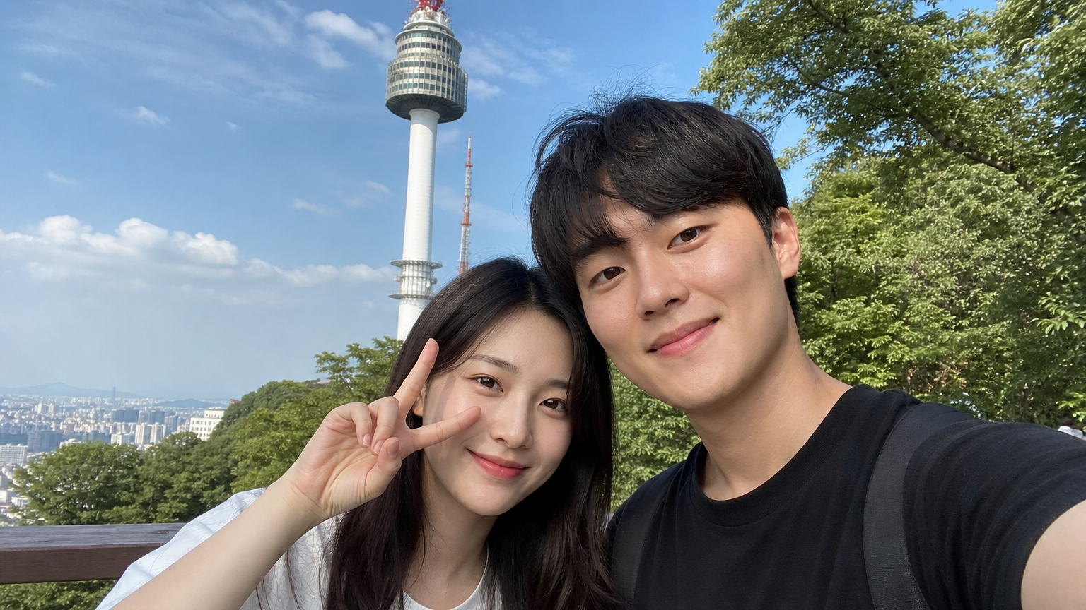 남산타워에서 셀카를 찍으며 도시 전경을 배경으로 한 한국 커플