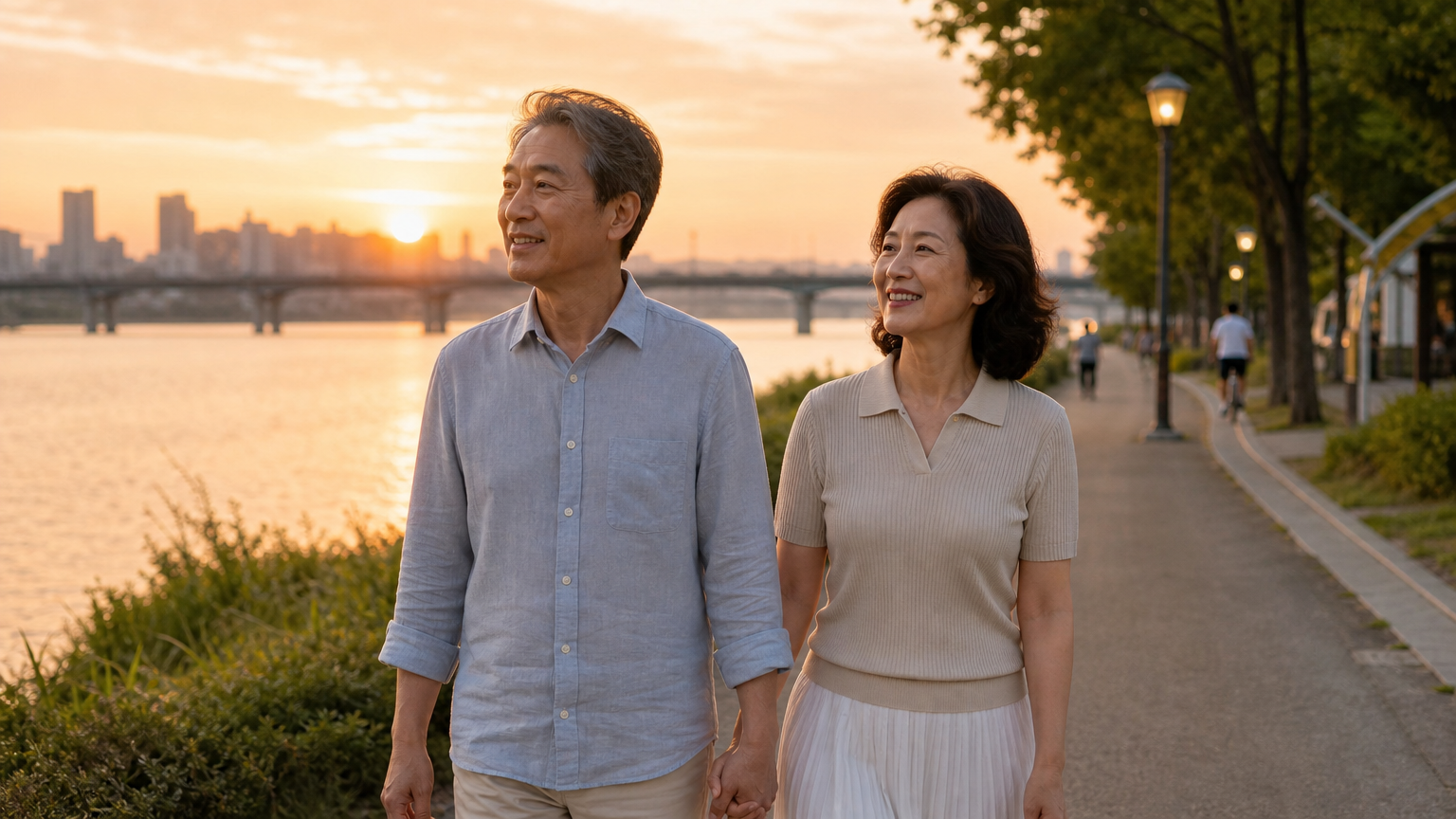 한강 공원에서 여름 복장을 입고 평화롭게 산책하는 성숙한 한국 커플