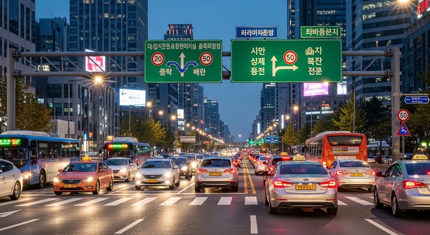 서울 시내 바쁜 교통 상황과 다양한 차량들, 도로 규정이 명확히 표시된 표지판이 있는 도시 풍경