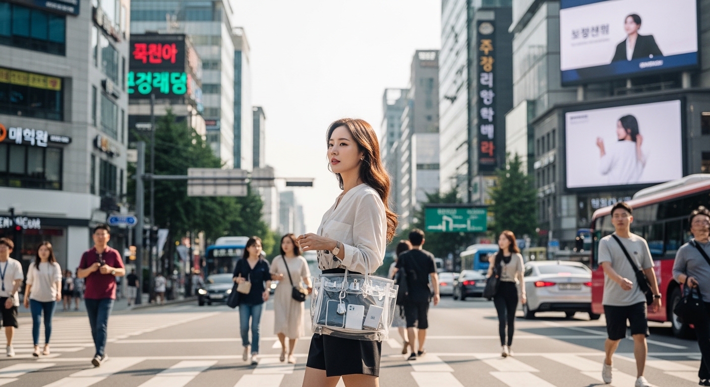 여름 거리에서 투명한 젤리 버킨백을 든 여성의 현대적이고 활기찬 모습