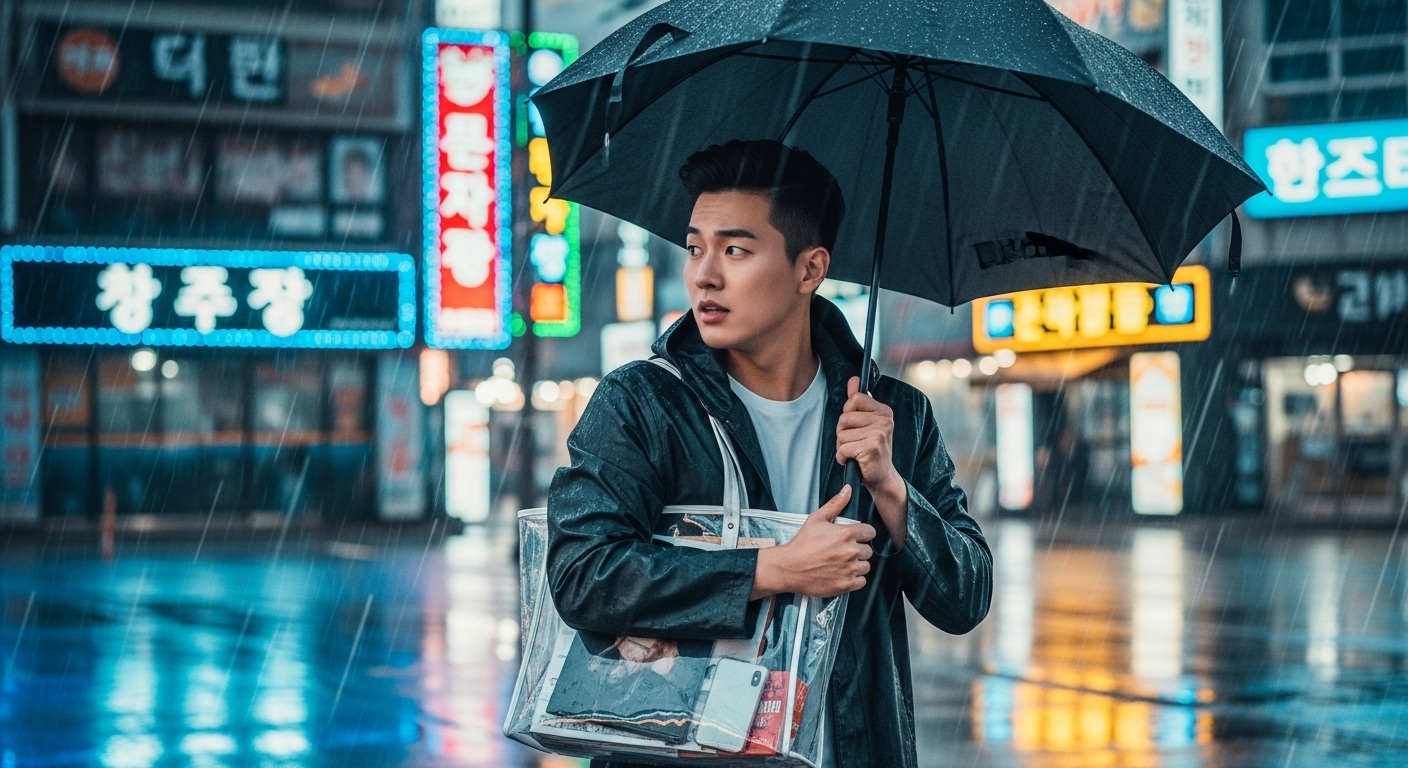 비 오는 날 투명한 PVC 가방을 들고 우산을 쓰고 있는 남성의 도시적 풍경