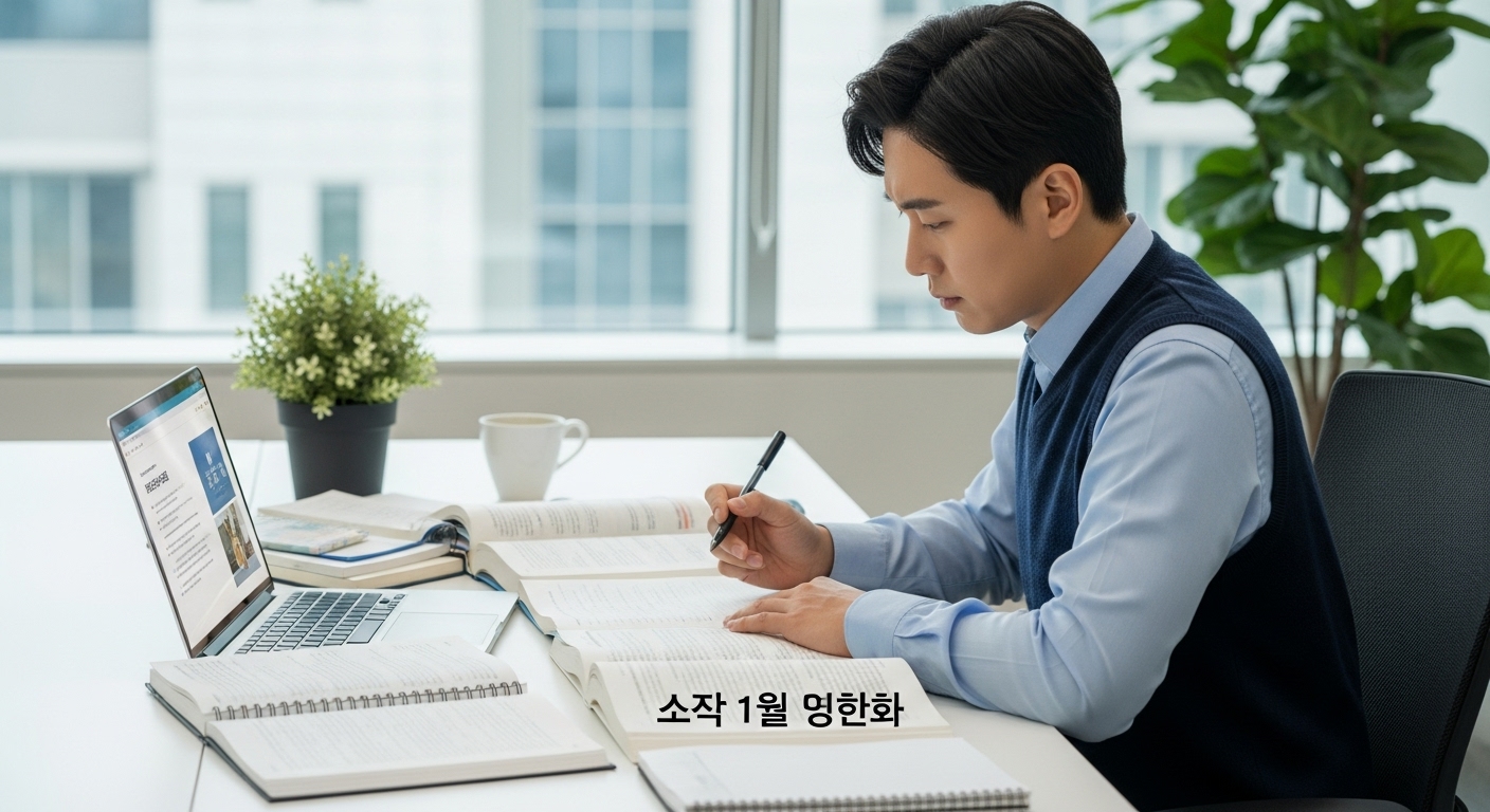 현대적인 사무실 책상에 앉아 사회복지사 자격증 시험 공부를 하고 있는 직장인 모습