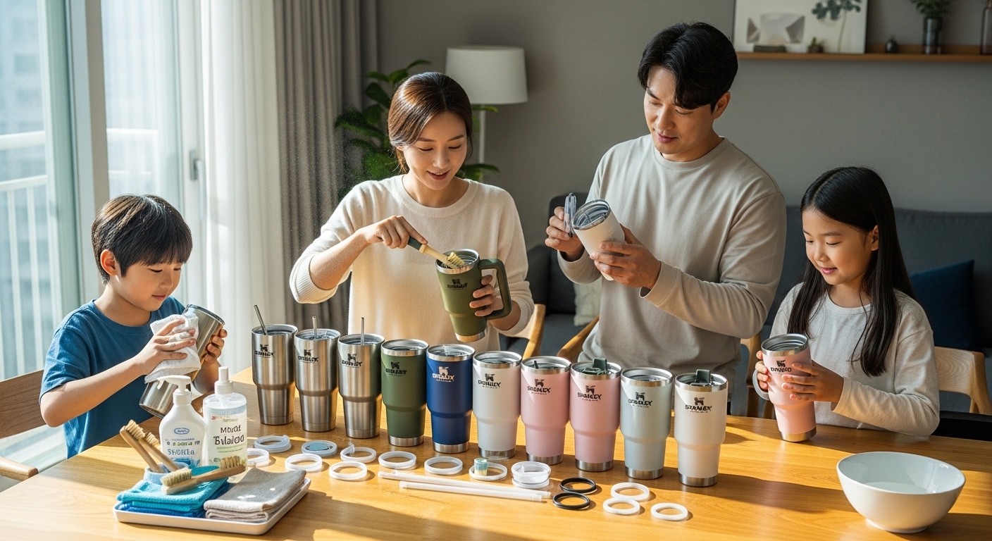 가정에서 스텐리텀블러를 청소하고 점검하며 안전하게 관리하는 한국 가족