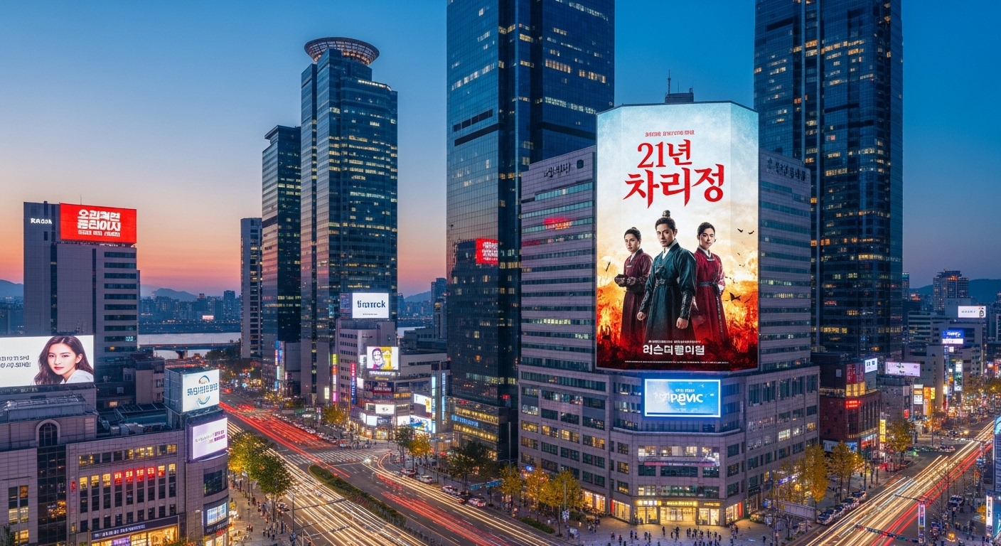 현대 서울의 스카이라인과 드라마 '21세기 대군부인' 광고가 있는 거리
