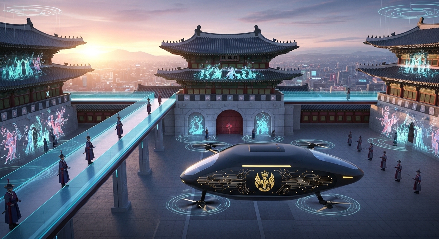 현대 입헌 군주제를 배경으로 한 미래적 한국 궁전 컨셉 아트