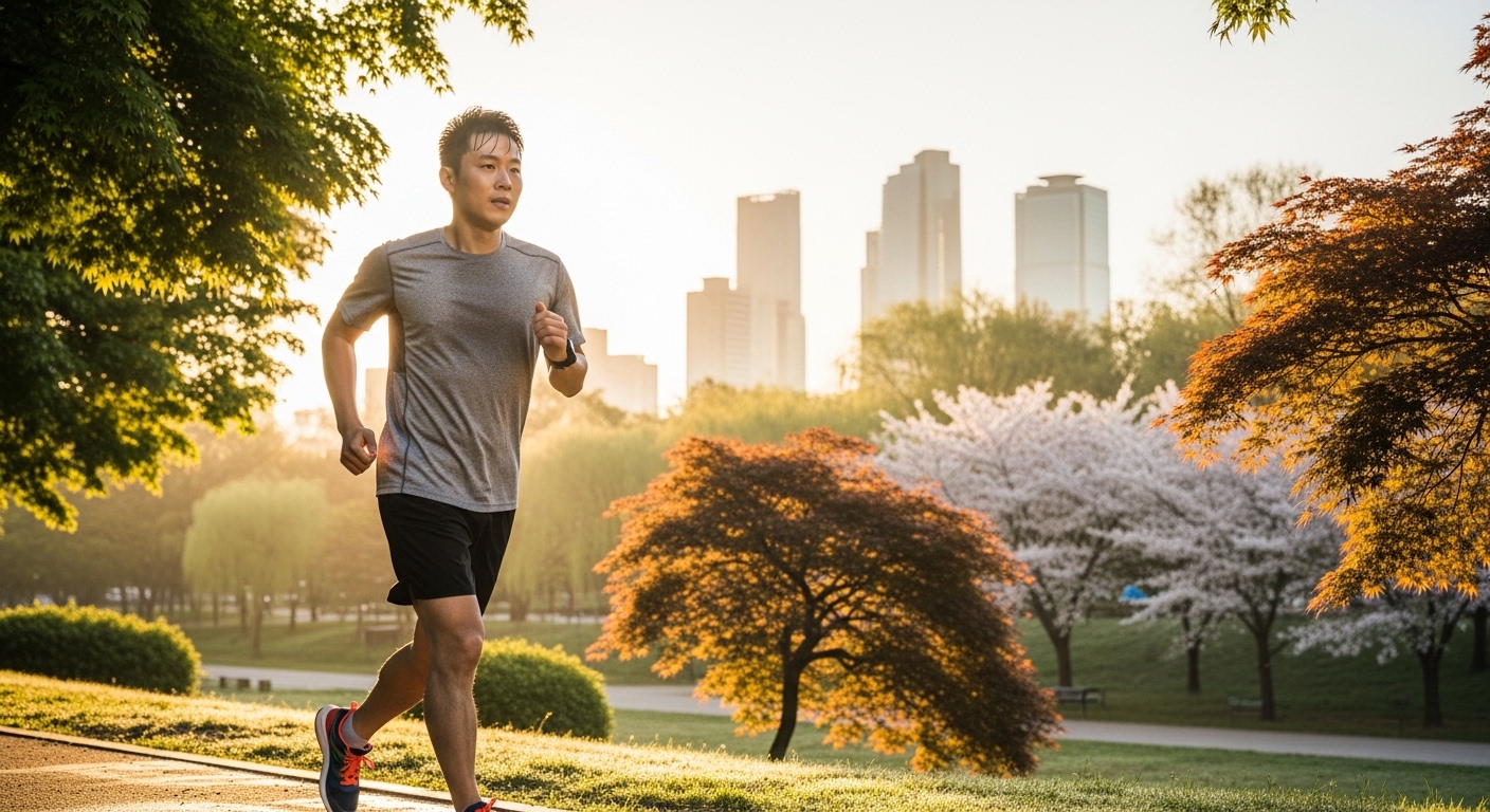 체중 관리를 위해 공원에서 조깅하는 남성