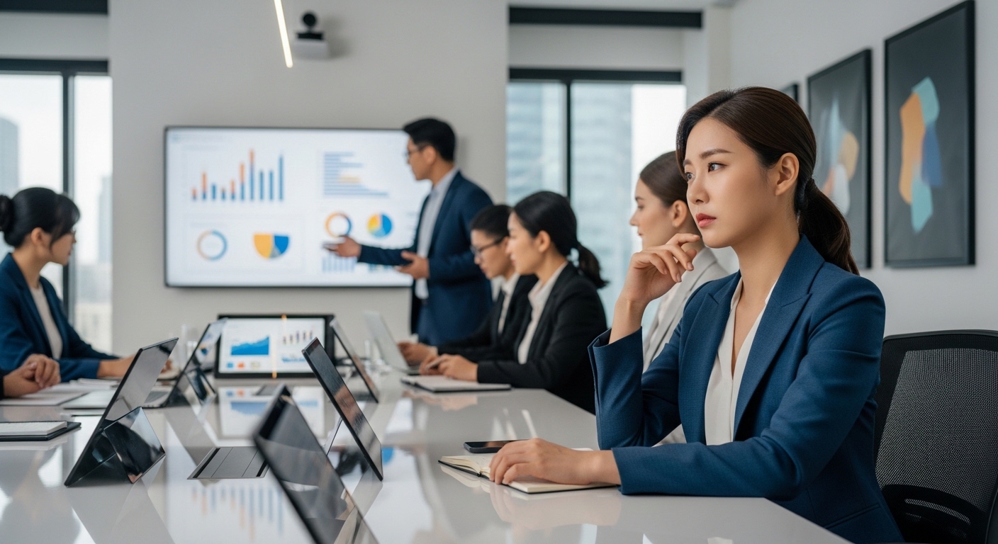 현대적인 한국 사무실에서 회의 중에 멍한 표정으로 생각에 잠긴 직장인의 모습