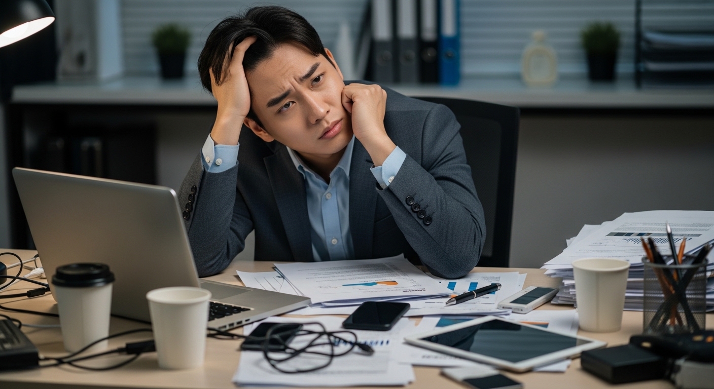책상 위에 서류와 기기들로 어수선한 환경에서 집중하기 어려워하는 젊은 직장인의 모습