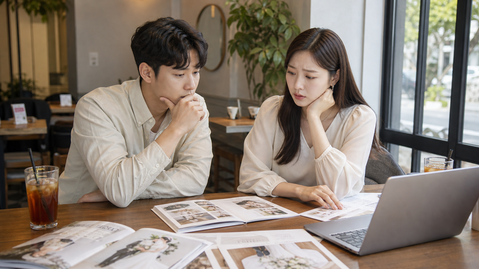 결혼 준비에 대해 진지하게 대화하는 현대적인 커플