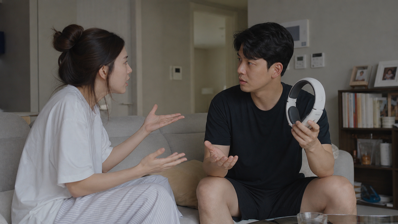 거실에서 비싼 헤어밴드를 들고 심각하게 대화하는 커플