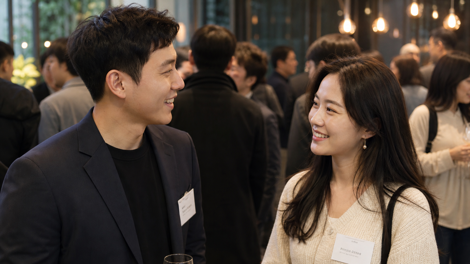 모임에서 처음 만나 미소를 주고받는 두 성인