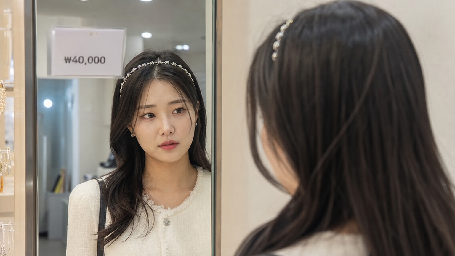 고급스러운 헤어밴드를 쓰고 거울 속 자신의 모습을 바라보는 여성