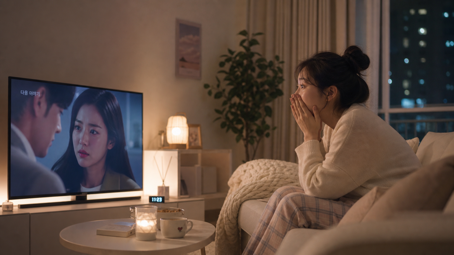 집에서 드라마를 보고 있는 직장인의 모습