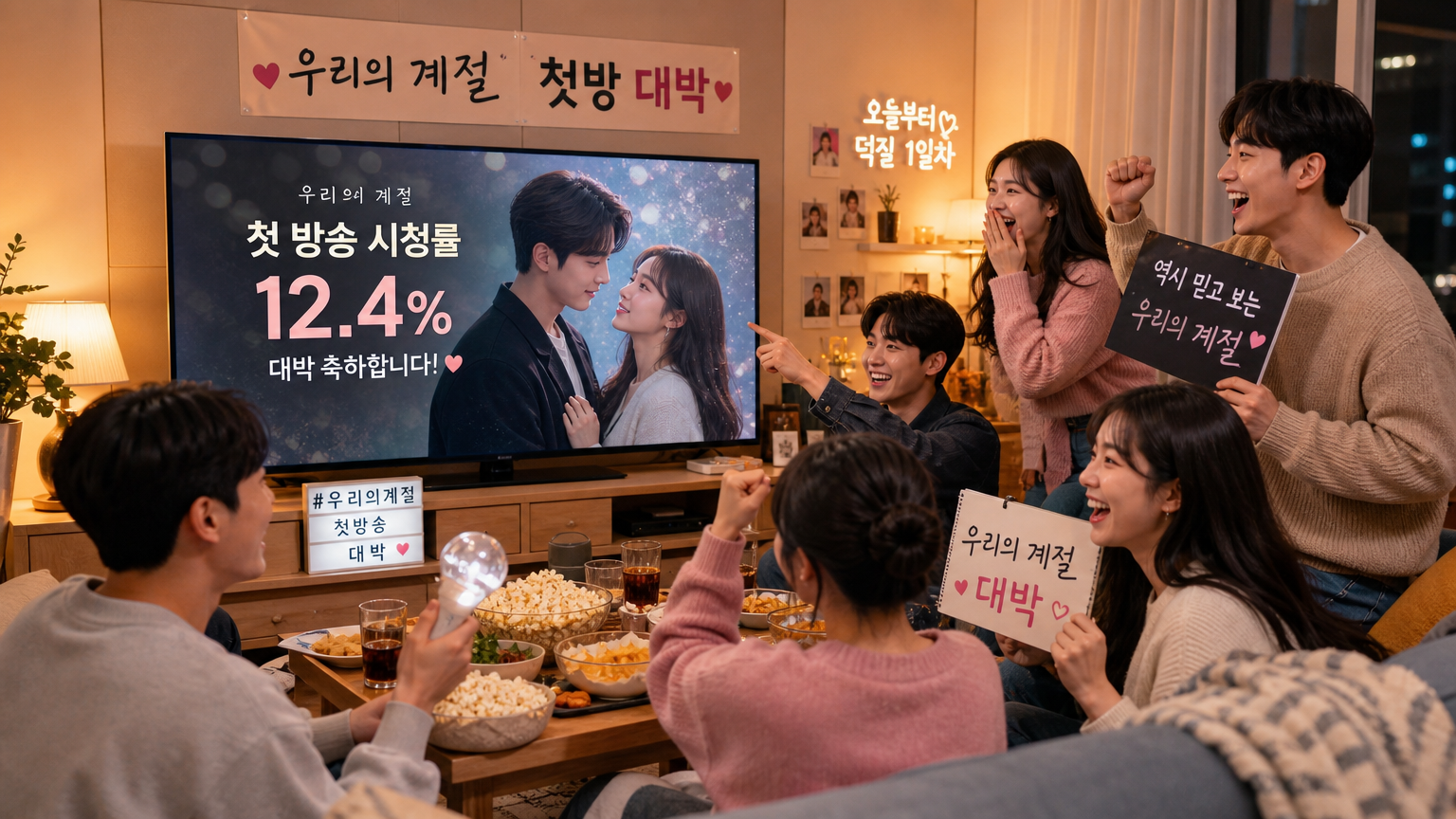 드라마 첫 방송 성공을 축하하는 가족들
