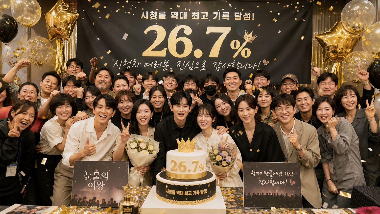 최고 시청률 달성을 기념하는 배우들과 제작진
