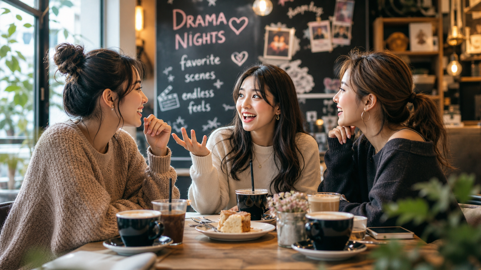 카페에서 드라마에 대해 이야기하는 젊은 여성들