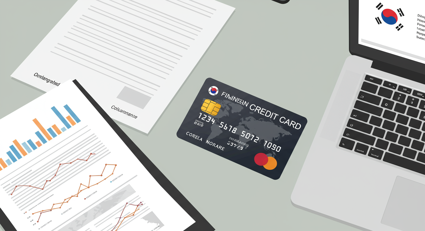 한국 정부 기관 로고가 새겨진 비즈니스 신용카드와 서류 및 노트북이 놓인 책상