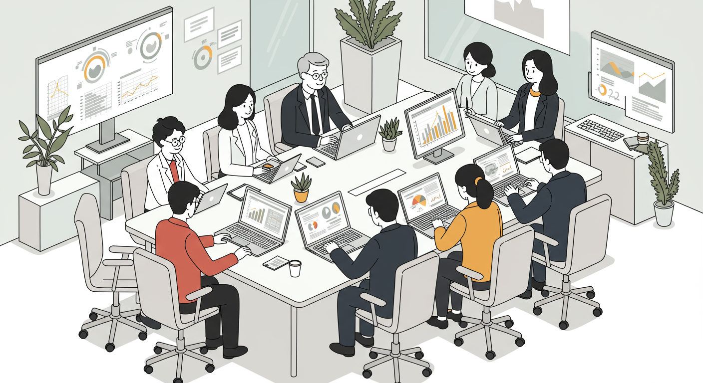 다양한 한국 사업가들이 현대적인 회의실에서 차트와 노트북을 두고 토론하는 모습