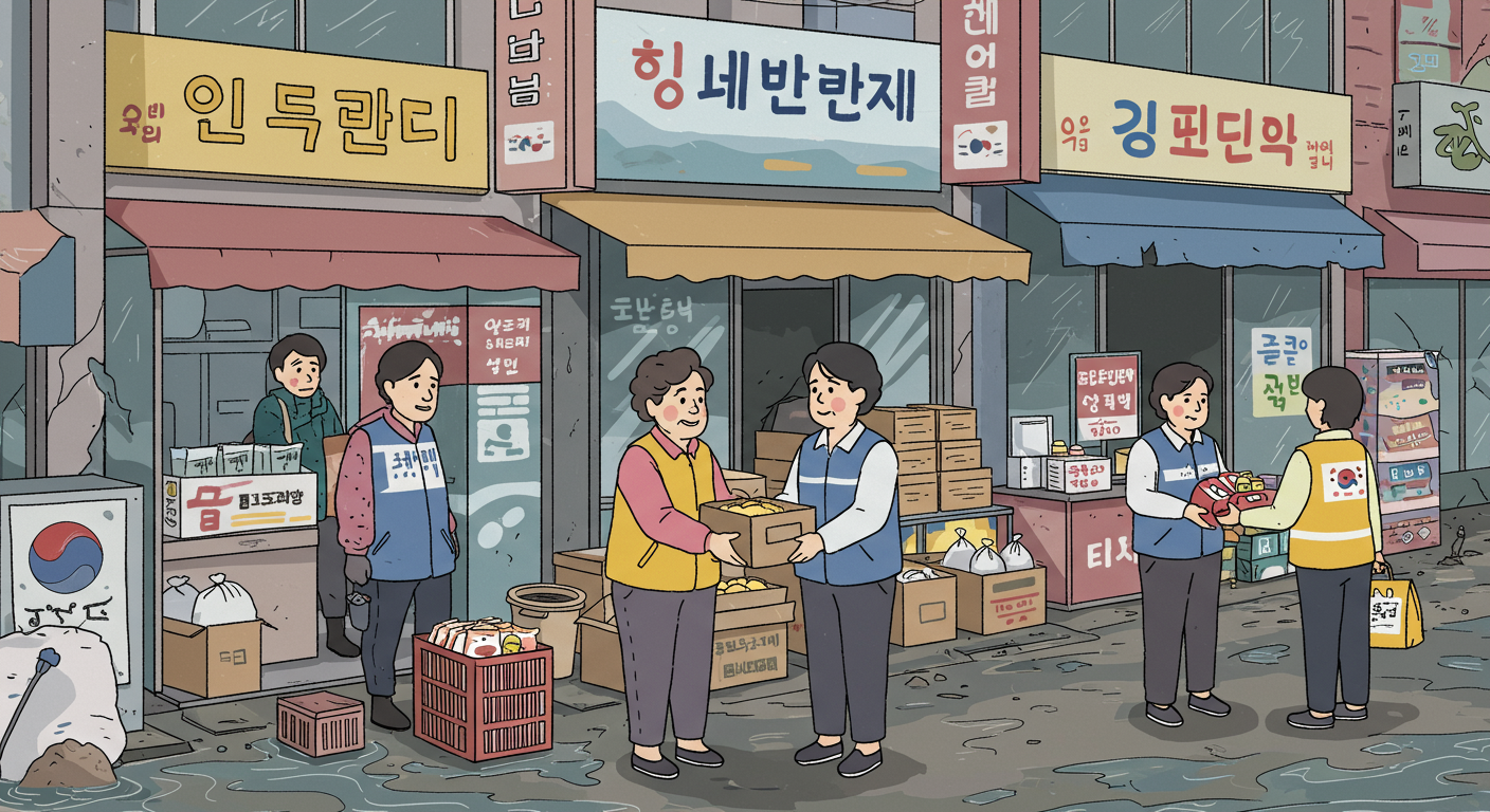 홍수나 화재로 피해를 입은 한국 상점 주인들이 도움을 받는 희망적인 모습