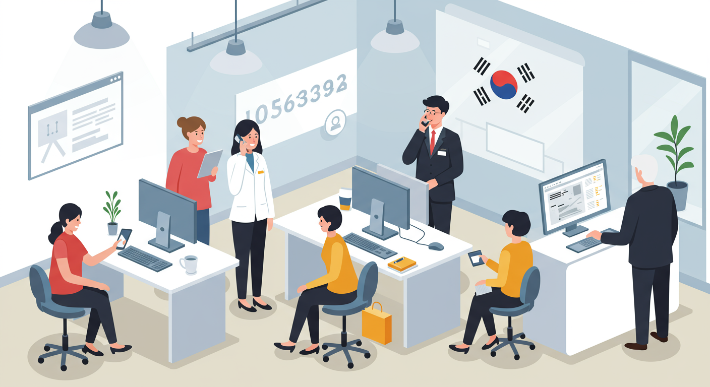 컴퓨터와 전화기를 통해 고객에게 서비스를 제공하는 다양한 한국 직원들이 있는 고객 서비스 센터