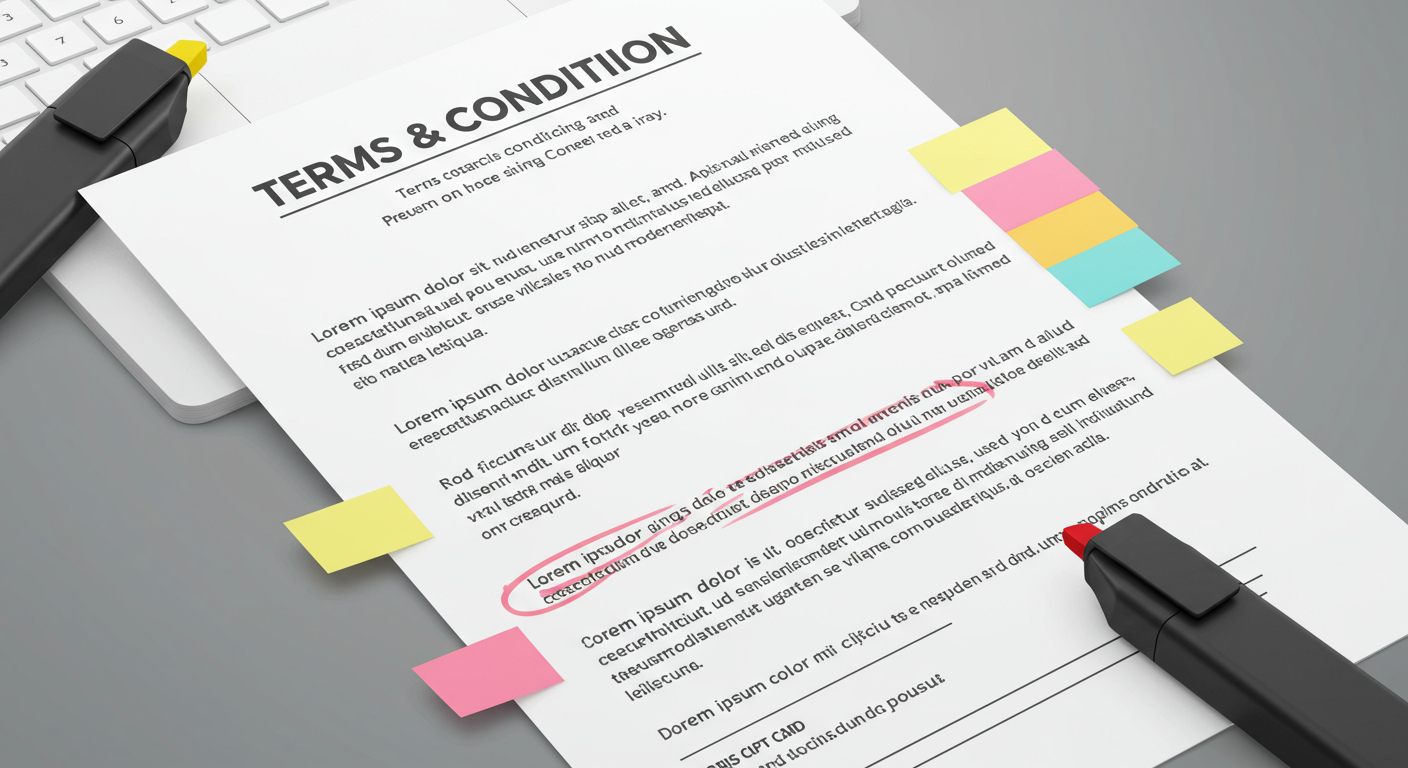 강조 표시된 중요한 부분과 메모가 붙어 있는 사업자 카드 사용 약관 문서의 클로즈업