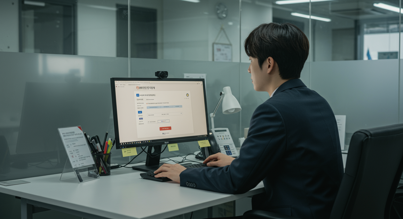 현대적인 사무실에서 컴퓨터 화면을 통해 정부 지원금 자격 확인 포털을 보고 있는 한국 직장인의 모습.