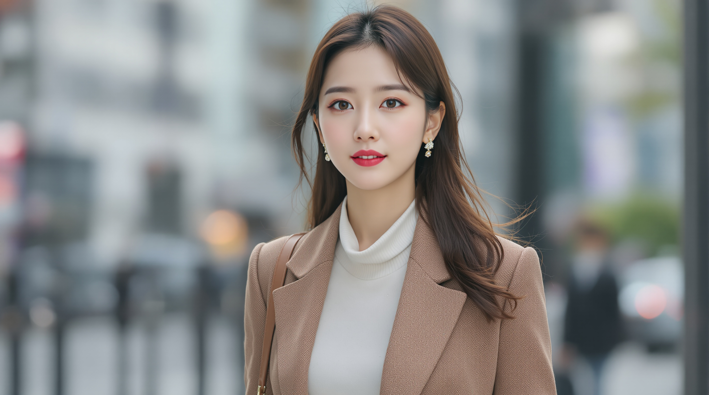 도회적인 배경 속 세련된 옷차림으로 당당하게 걷는 강사라 역의 모습