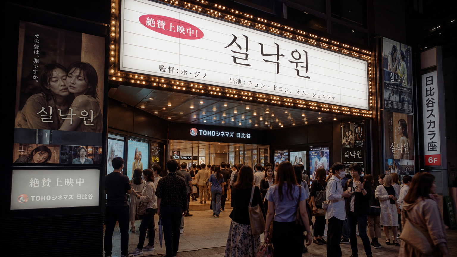 극장 앞에 '실낙원' 제목이 적힌 간판이 있고 다양한 관객들이 입장하는 모습